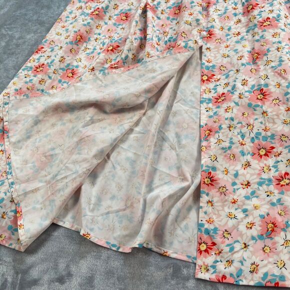 Live Cloth Dress Large Pink Blue Floral Maxi Smocked Waist Tie V-neck Button Up - Picture 4 of 16